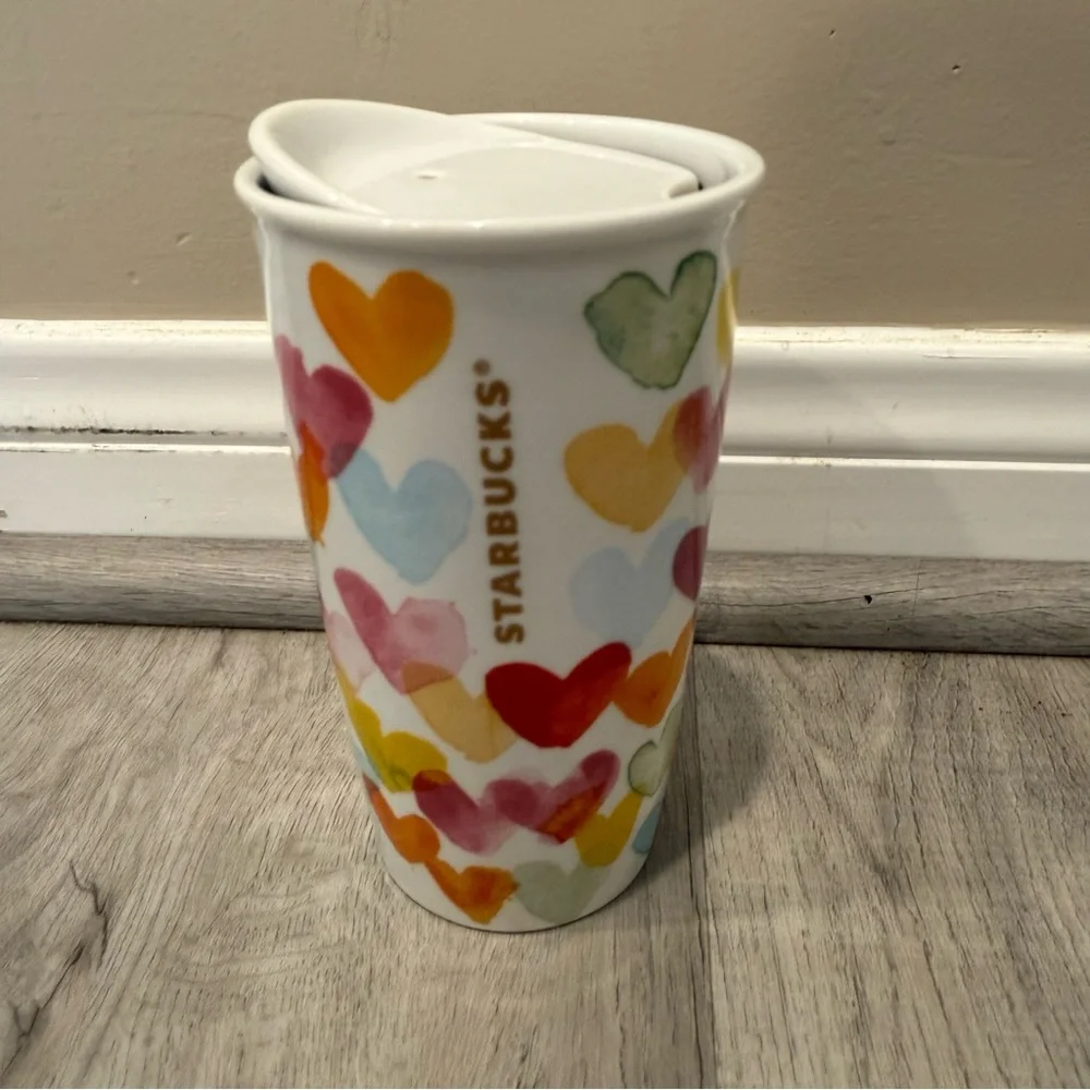 ❤️ Starbucks Valentine Watercolor Hearts Ceramic Travel Tumbler 10 oz with Lid